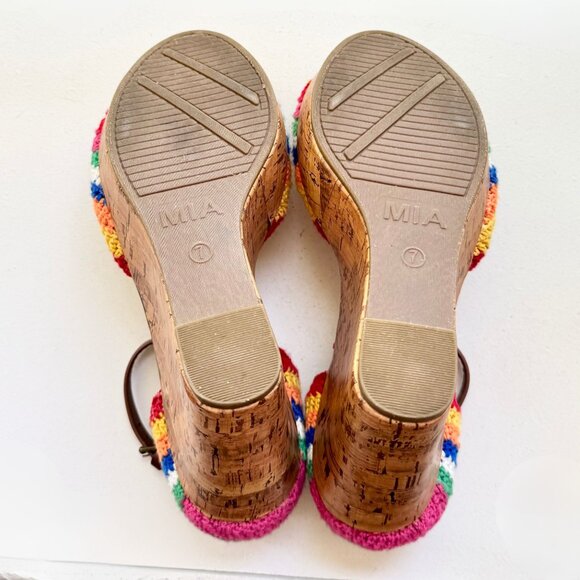 Mia Hannah Boho Rainbow Multi Color Crochet Ankle Strap Platform Cork Wedge - Picture 7 of 9